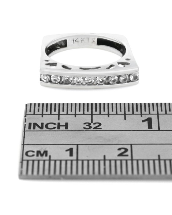 Single Row White Sapphire Cutout Square Shank Stackable Ring in White Gold